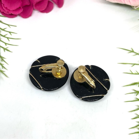 VINTAGE⚜️RARE NAPIER Black & Gold Abstract Clip Earrings - Picture 6 of 9